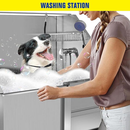 50 Inch Stainless Steel Dog Washing Station, Professional Grooming Tub with Stairs for Large Dogs, Home Bathtub for Pets with Hot & Cold Faucet