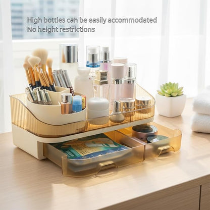 Large Plastic Makeup Organizer with Rotating Brush Holder for Vanity - Bathroom Countertop Skin Care Storage, Easy for Lipsticks, Nail Polishes, Perfumes & Eyeshadow Palettes
