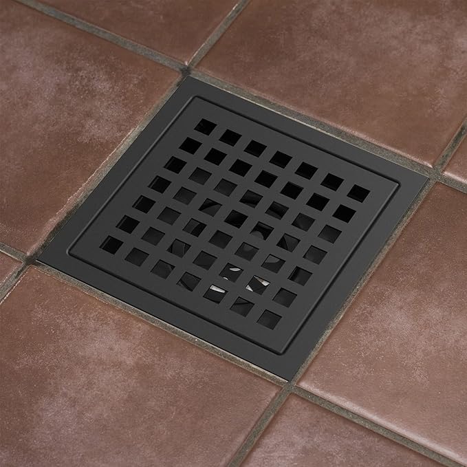 4 Inch Square Shower Floor Drain, Brushed Nickel High Flow Shower Drain Kit with Flange with Hair Filter, Removable Grate Cover, Stainless Steel, Abs Fixing Tray, CUPC Certified (Matte Black)