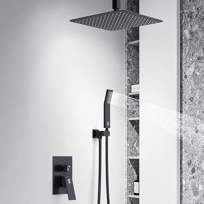 SR SUN RISE 12 Inch Ceiling Mount Matte Black Shower System Bathroom Luxury Rain Mixer Shower Faucet Set Ceiling Rainfall Shower Head System Faucet Trim Repair Kits Rough-in Valve and Trim Included