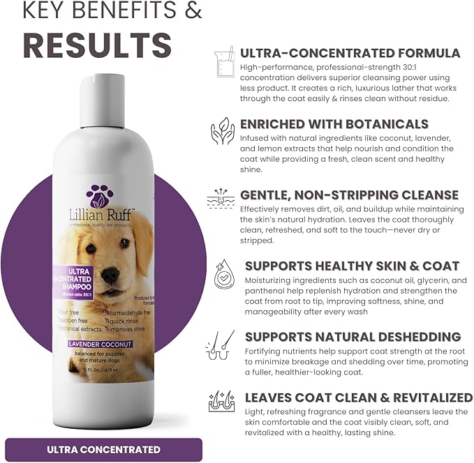 Lillian Ruff PRO Formula Ultra Concentrated Dog Shampoo – Makes 4 Gallons/30 Bottles, 30:1 Dilution, Professional Pet Shampoo for Sensitive Skin | Deodorizing & pH-Balanced Made in USA 16.9oz + Brush