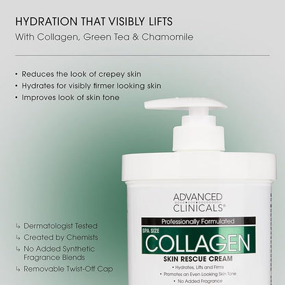 Advanced Clinicals Unscented Collagen Body Cream + Collagen Serum For Face 2PC Skincare Set | Face Serum & Body Lotion For Women & Men Helps Improve Look Of Wrinkles & Dry Skin, Fragrance Free, 2pc