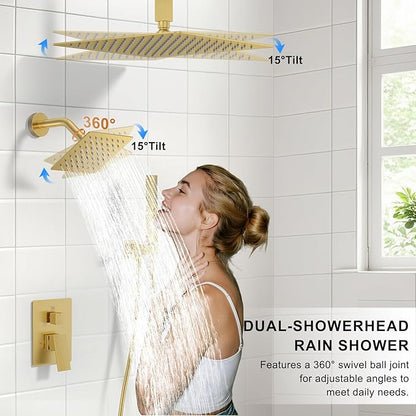 Shower Faucet Set, Ceiling Mount Rainfall Shower Head System 12" + 6" Dual Rain Shower Head Sets with 2 in 1 Handheld Spray for Bathroom with Rough-in Valve and Shower Trim Kit, Brushed Gold