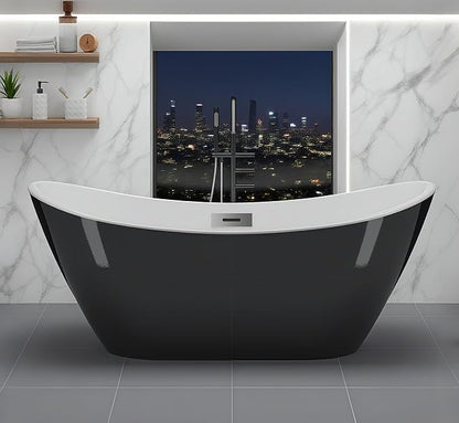67 Inch Freestanding Bathtubs – Acrylic Free Standing Tub with Modern Black and White Design, Stand Alone Tub for Large Bathroom or Renovation, Ergonomic Soaking Tub for Deep Relaxation