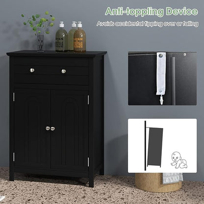 LOKO Bathroom Floor Cabinet, Kitchen Storage Cabinet with 1 Drawer, 2 Doors & 3-Position Adjustable Shelf, 2-Door Floor Storage Cabinet for Bathroom, Living Room, Entryway (Black)