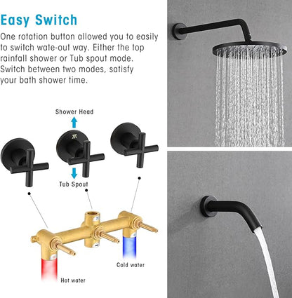 PROOX 3 Handle Tub Shower Faucet Set, 10" Rainfall Shower Head with Tub and Shower Trim Kit with Rough-in Valve, Matte Black Bathtub Shower Faucets, Wall Mounted Bathroom Rain Shower System
