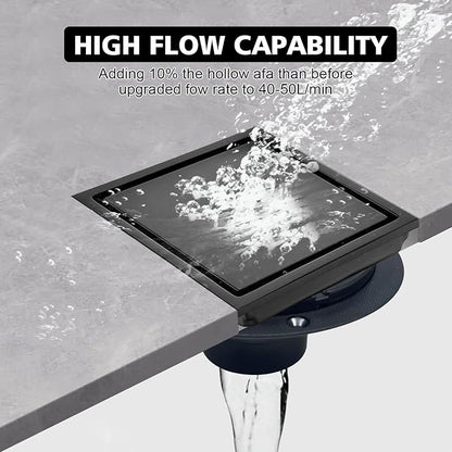 4 Inch Square Shower Drain with Flange, Removeable Grate SUS 304 Stainless Steel Shower Drain with Hair Catcher (Matte Black-1, 4 Inch)