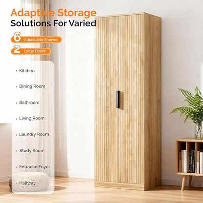 VINGLI 70" Modern Pantry Cabinet with Fluted Doors, 5 Adjustable Shelves, Tall Storage Solution for Kitchen, Dining Room, or Living Room, Oak