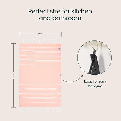 WETCAT Turkish Hand Towels with Hanging Loop, Set of 2 (20" x 30") 100% Turkish Cotton, Pre-Washed, Quick Drying, for Kitchen or Bathroom - Peach