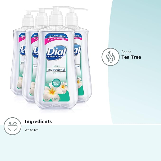 Dial Antibacterial Defense Liquid Hand Soap + Aloe, White Tea Scent, 11 Fl Oz (Pack of 4), Dermatologist-Tested Hand Wash, Gentle Formula