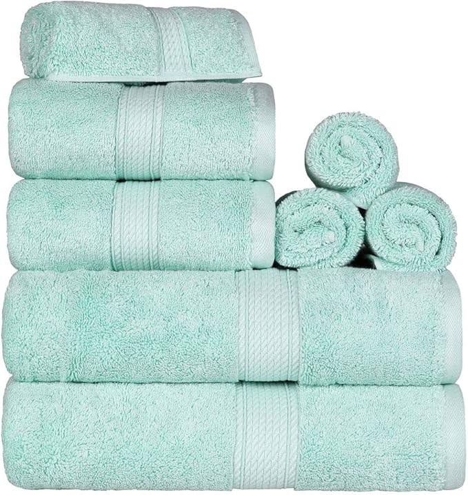 BLUENILEMILLS Madison Egyptian Cotton Towels, Towel Set for Bathroom, Shower, Hotel, Plush, 800 GSM, Highly Absorbent and Ultra-Soft Towels, Bath Essentials, 8 Piece Assorted Towel Set, Sea Foam