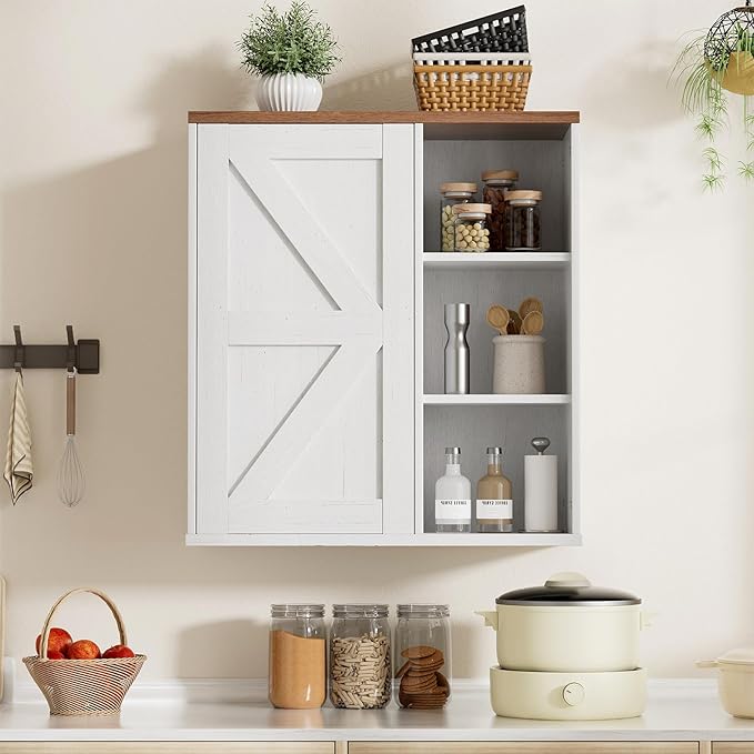 Bathroom Wall Cabinet, Farmhouse Medicine Cabinet with Barn Doors and Adjustable Shelves, 24'' Kitchen Wall Mounted Cabinet, Floating Over Toilet for Kitchen, Living Room