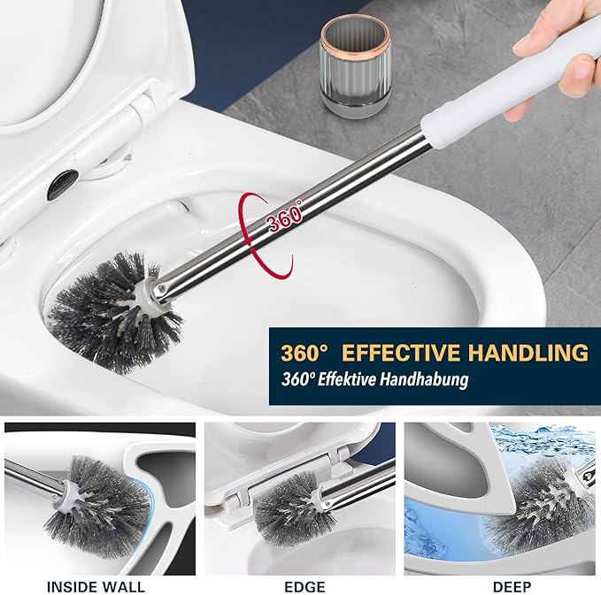 Toilet Bowl Brush and Holder 2 Pack Long Handle Toilet Brush for Bathroom with Separate Base for Floor and Wall Mounted Plastic Toilet Brush Set Under The Rim Household Cleaning (White)
