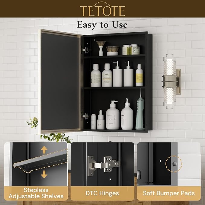 TETOTE Brushed Nickel 16" x 24" Recessed Medicine Cabinet Bathroom Mirror with Storage Medicine Cabinet with Beveled Frame Adjustable Shelves Wall-Mounted