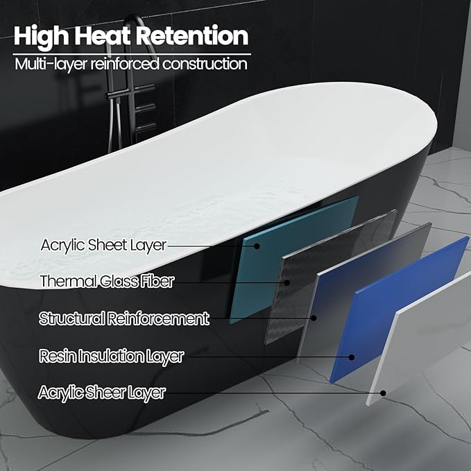 Freestanding Bathtubs 67 inch Acrylic Stand Alone Tub – Black Exterior White Interior, Chrome Drain, Deep Ergonomic Oval Soaking Tub, Modern Freestanding Tub for Bathroom, Family Use