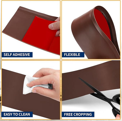 Flexible Baseboard Molding Trim 4 Inch Self-Adhesive Vinyl Wall Base Peel and Stick Cove Base Rubber Wall Baseboard Moulding Trim (60Ft, Brown)