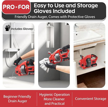20V Cordless Electric Drain Auger, 25Ft Auto-Feed Drain Snake, Replaceable Cable, 2.0Ah Battery & Charger, LED Light, Clog Remover for Sink, Shower, Kitchen, Bathroom Pipes (3/4"-2")