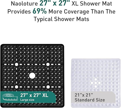 Large Black Square Shower Mat Non Slip 27 x 27 Inch, Shower Bath Mats Tub Mat for Inside Shower Bathroom Floor, Shower Stall Mats with Big Suction Cups Drain Holes, Easy Washable, BPA-Free