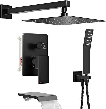 Shower System with Tub Spout, All Metal Tub Shower Faucet Set with 12'' Rain shower heads and handheld spray combo,Wall Mounted Tub Shower Systems with Valve and Trim Kit, Matte Black