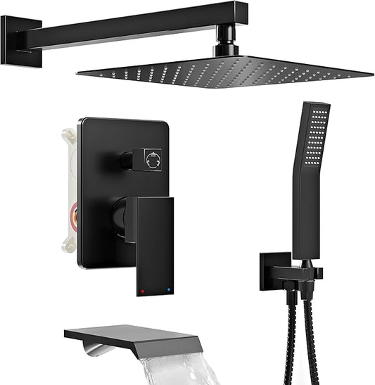 Shower System with Tub Spout, All Metal Tub Shower Faucet Set with 12'' Rain shower heads and handheld spray combo,Wall Mounted Tub Shower Systems with Valve and Trim Kit, Matte Black