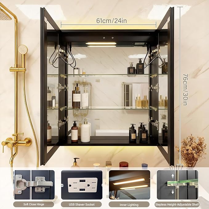 Aluminum Medicine Cabinet with Light,Stepless Glass Shelf,3 Colors Temperature,Dimmer,Backlit Lighting,Internal Light,USB Shaver Socket,Defogger,61cm×76cm