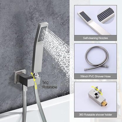 Wall Mount Tub Filler Faucet with Waterfall Tub Spout Waterfall Bathtub Faucet with Handheld Shower Modern Tub Filler Faucet Single Handle, Brushed Nickel