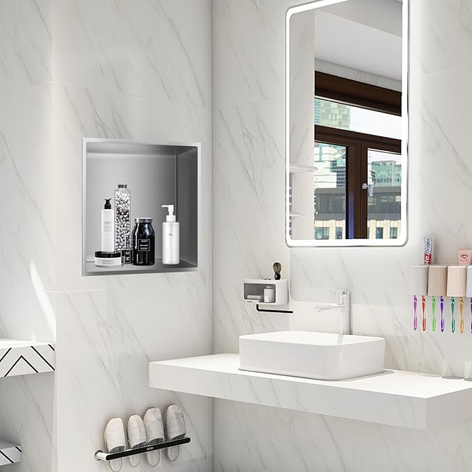 12" X 12" Shower Niche Insert Tile Ready, Niche for Shower Wall, Stainless Steel Recessed Shelf No Tile Needed for Bathroom Storage, Brushed Nickel