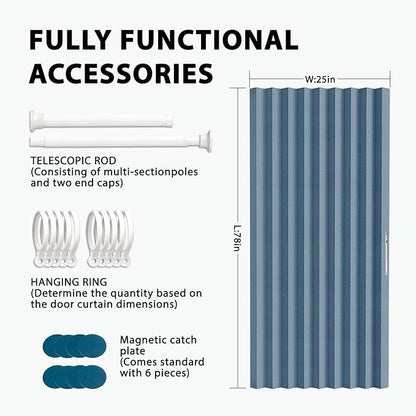 Accordion Door Curtain Set - 100% Blackout, with Curtain Rod Included, for Bedroom Privacy Protection (Blue-43 W x 78" L+Rod)