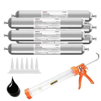 VGS998 Sausage Pack Silicone Sealant for Stone Curtain Wall 6 Pack –19.95 Fl Oz – Black Concrete Crack Repair, Non-Sag Silicone Caulk for Foundation, Walls, Sausage