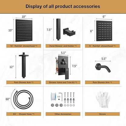 VANFOXLE Shower Faucet Set Matte Black Shower System,Push Button Diverter Shower Faucet with 2 in 1 Handheld,Ceiling Mount 10 Inch Shower Head with 6 Inch Wall Mount Shower Head