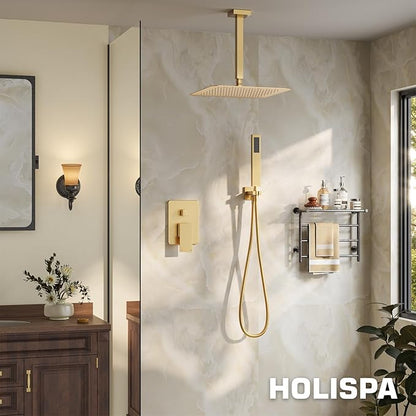Ceiling Mount Shower Faucet Set, Gold Shower System with 10-Inch Rain Showerhead and Handheld Spray Combo, High-Pressure Showerheads Set with Valve and Trim Kit, Brushed Gold