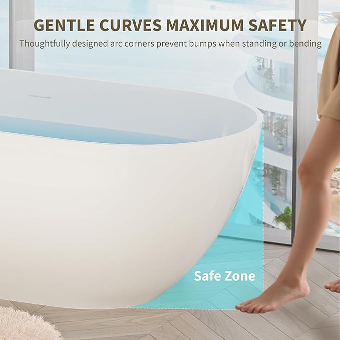 Abruzzo 59" Freestanding Bathtub Solid Surface - Oval Stone Resin Soaking Tub with Overflow & Pop-Up Drain, cUPC Certified Gloss White, Heavy Duty for Modern Bathroom