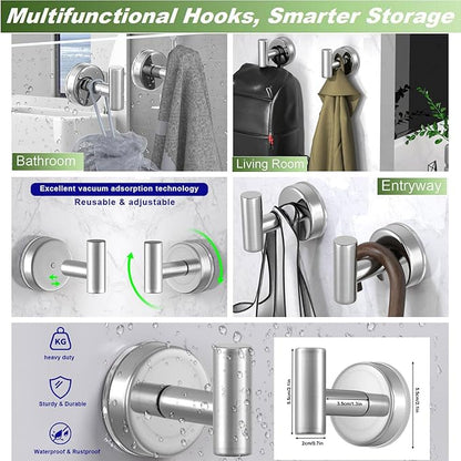 Suction Cup Hooks for Shower, Shower Hooks for Hanging Towels, Robes, Bath Balls, Stainless Steel Towel Hooks for Bathroom Wall, Glass Door, Kitchen, Mirror, Tile (2 Pack，Silver)