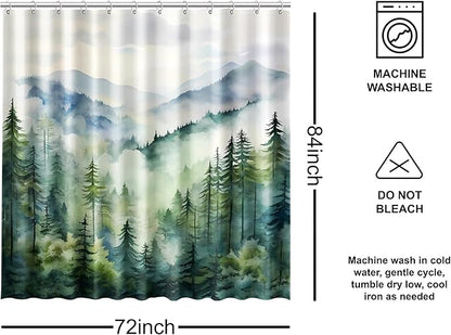 Coveted Goods 72" x 84" Mountain Forest Shower Curtain, Misty Pine Tree Landscape, Waterproof Polyester, Includes Grommets and Hooks, Machine Washable Nature-Inspired Bathroom Decor