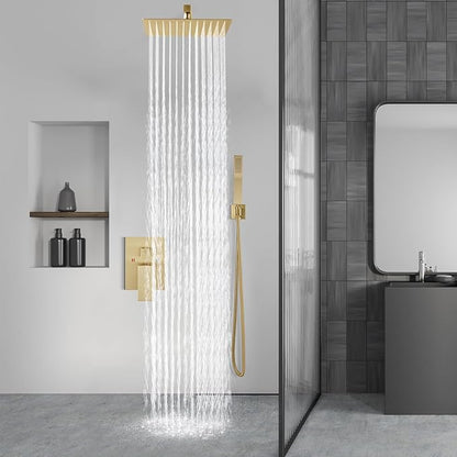 Aolemi Shower Faucet Set Rain Shower System with Handheld Spray Bathroom Shower Combo Rough-in Valve and Shower Trim Kit Included Brushed Gold 8 Inch Wall Mount Shower Head