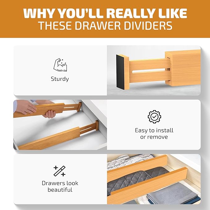 4 Pack Drawer Divider - Bamboo 2.6" High, 12.5-17" Adjustable Drawer Organizers for Clothes, Expandable Dresser Separators in Bedroom, Bathroom, Kitchen, Office Organization and Storage