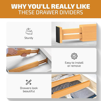 4 Pack Drawer Divider - Bamboo 2.6" High, 12.5-17" Adjustable Drawer Organizers for Clothes, Expandable Dresser Separators in Bedroom, Bathroom, Kitchen, Office Organization and Storage