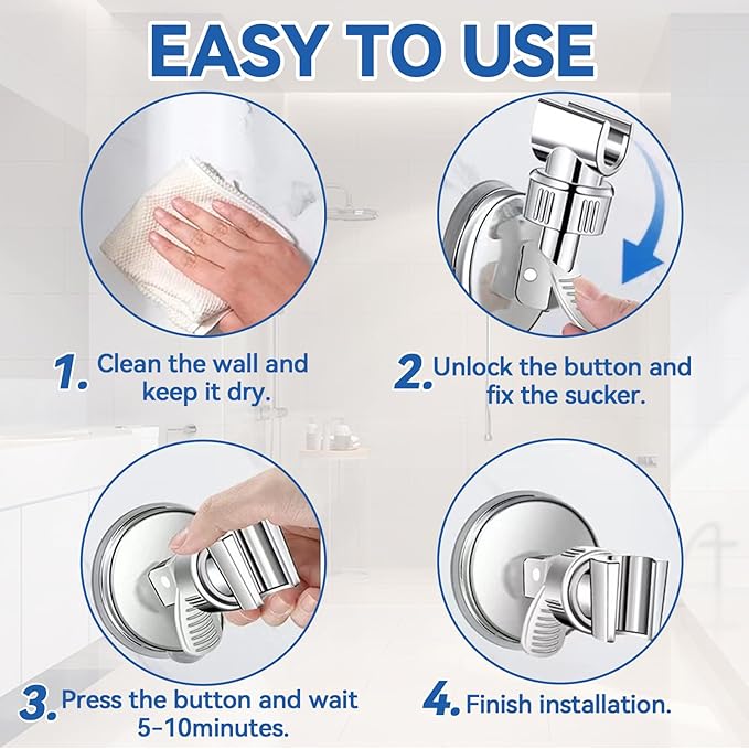 Adjustable Shower Head Holder, Bathroom Suction Cup Handheld Shower Head Bracket, Removable Wall Mounted Suction Bracket (Silver-1)