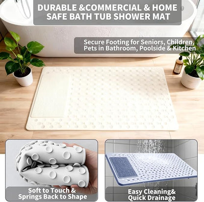 Bath Tub Shower Mat with Soft Shower Foot Scrubber Mat for Massage,Non Slip Bathtub Mat with Strong Suction Cups, Silicone Shower Foot Scrubber Mat (White, 35.4" X 23.6"(Rectangular))