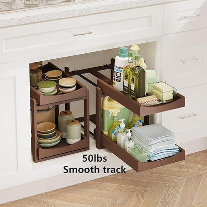 Bamboo Under Sink Organizer Adjustable Height 2 Tier Bathroom Organizer Pull Out Cabinet Storage Kitchen Heave Duty Wood Slide Ou Shelf for Kitchen Bathroom (Brown, 2 Packs)