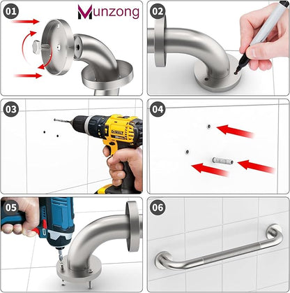 16 Inch Anti Slip Shower Grab Bar,Munzong Stainless Steel Handicap Grab Bars for Bathtubs and Showers,Brushed Nickel Knurled Balance Bar,Safety Hand Rail Support Elderly Senior Bath Handle