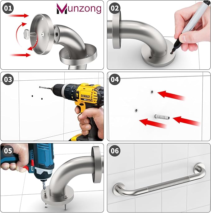 16 Inch Anti Slip Shower Grab Bar,Munzong 2 Pack Handicap Grab Bars,Brushed Nickel Knurled Bathroom Balance Bar,Safety Hand Rail Support Elderly Senior Bath Handle