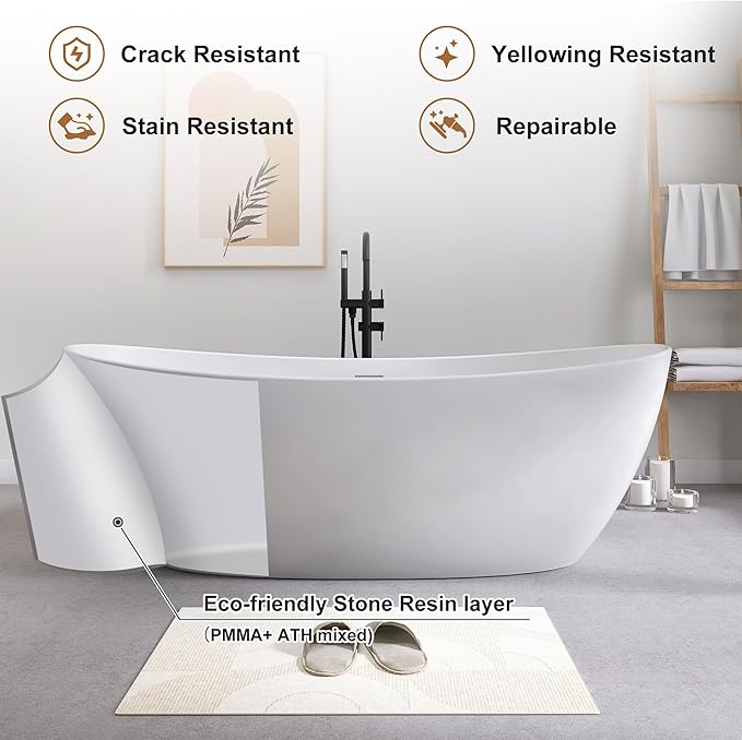 SJ STAR&JANE 73" Solid Surface Freestanding Bathtub Stone Resin Tub Oval Double Slippers Stand Alone Soaking Tub with Pop-up Drain and Overflow, Matte White