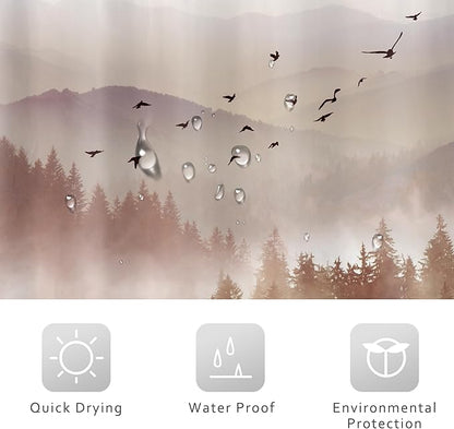 Riyidecor Foggy Mountain Shower Curtain 60Wx72H Inch Abstract Woodland Misty Nature Scenery National Park Scene Rustic Tree Landscape Natural Bathroom Decor Fabric Polyester Waterproof 12 Pack Hooks