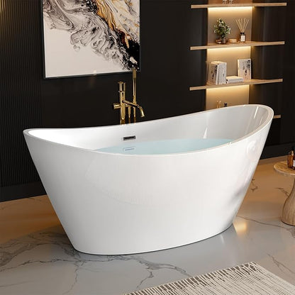 BATHTUB 67" Free Standing Tub, Luxury Acrylic Soaking Tub, Modern Stand Alone Tub with Ergonomic Design, Glossy White, Brushed Nickel Drain & Overflow Included