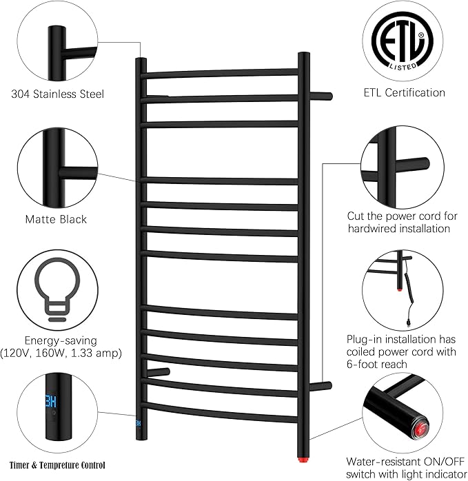 HEATGENE Electric Towel Warmer with Built-in Timer & Temperature Control, Wall-Mounted 12-Bar Large Towel Rack, Plug-in/Hardwired Heated Towel Rail for Bathroom - Matte Black