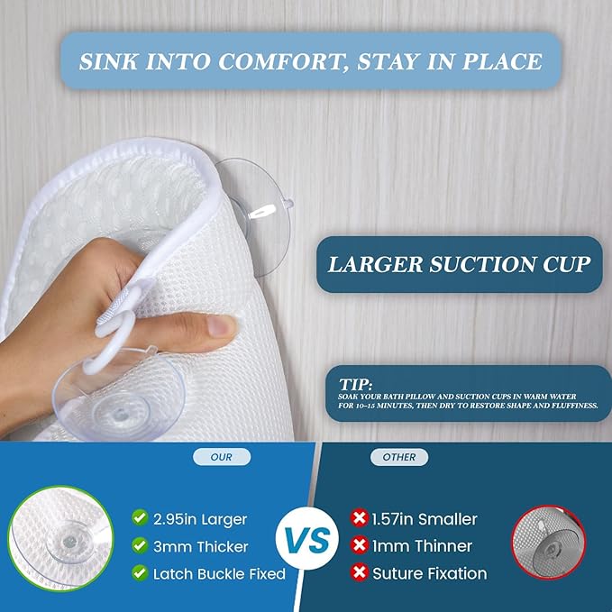 Bath Pillow for Tub | 4D Air Mesh Fabric - Plush Bathtub Pillow for Neck & Back Support, Hot Tub Pillow with 6 Non-Slip Suction Cups | Spa Pillow for Relaxation and Comfort (White).