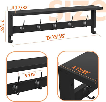 AMBIRD Coat Rack Wall Mount with Shelf, 28.9 Inches Coat Hooks Wall Mounted with 5 Hooks, Hat Wall Hooks for Hanging in Entryway, Living Room, Bathroom, Bedroom (Black, 28.9 * 4.5 inches)
