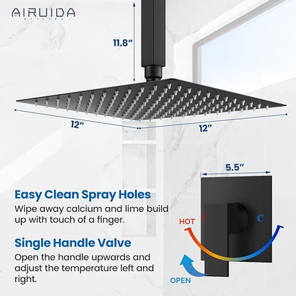 Airuida Shower Faucet Set and Handle Set Single Function Shower Trim Kit Ceiling Mount Rainfall Shower System with Male Threads and Rough-in Valve 12 Inch Square Shower Head Matte Black