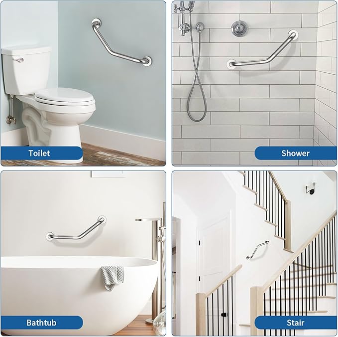 16 Inch Angled Shower Grab Bar, Munzong 2 Pack Anti Slip Satin Brushed Nickel Bathroom Grab Bar, Knurled Bathroom Balance Bar,Safety Hand Rail Support Handicap Elderly Injury Senior Assist Bath Handle